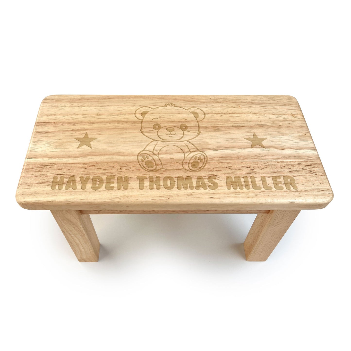 Personalised Engraved Children's Wooden Rectangular Stool Teddy Bear Design | New Baby or Christening Gift