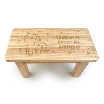 Personalised Engraved Children's Wooden Rectangular Stool Unicorn Design | New Baby, Toddler or Christening Gift