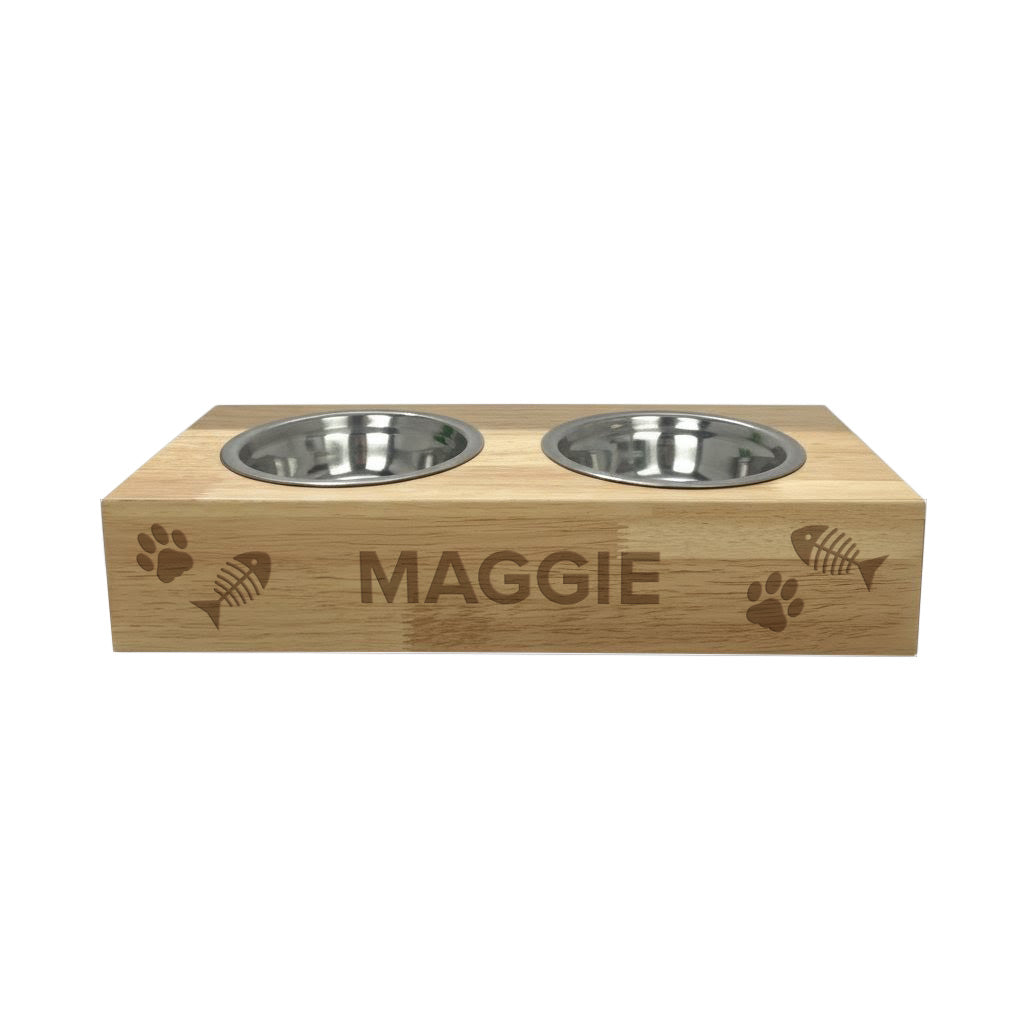 Personalised Wooden Raised Double Cat Bowl