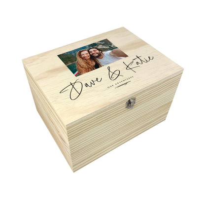 Personalised Couples Names Pine Photo Keepsake Memory Box - 5 Sizes