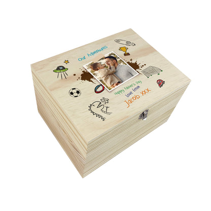 Personalised 'Our Adventures' Kids Doodles Pine Memory Box - 5 Sizes