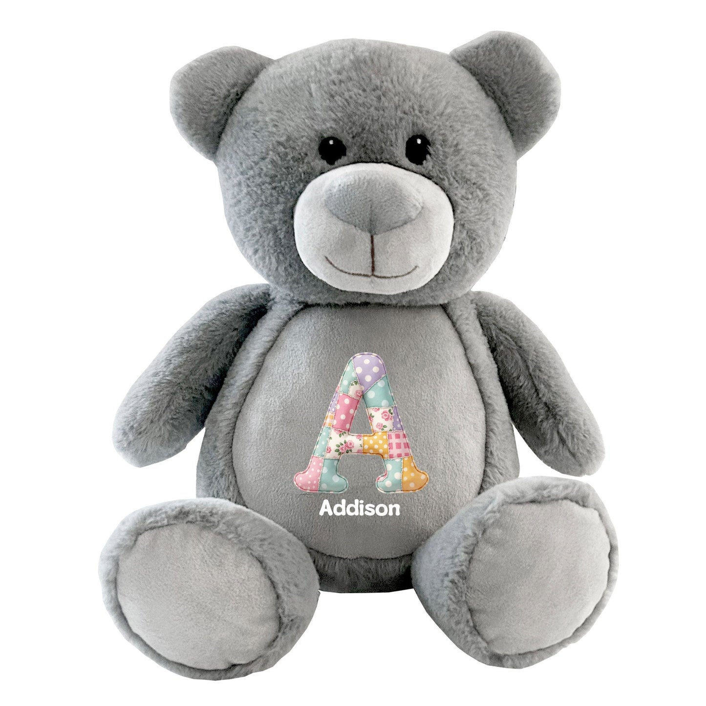 Personalised Patchwork Alphabet Grey Plush Teddy Bear 42cm | New Baby or Christening Gift