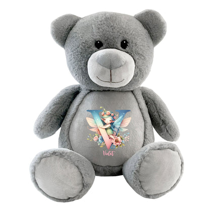 Personalised Fairy Alphabet Grey Plush Teddy Bear 42cm | New Baby, 1st Birthday & Christening Gift