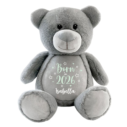 Personalised Born in 2026 Grey Plush Teddy Bear 42cm | New Baby or Christening Gift