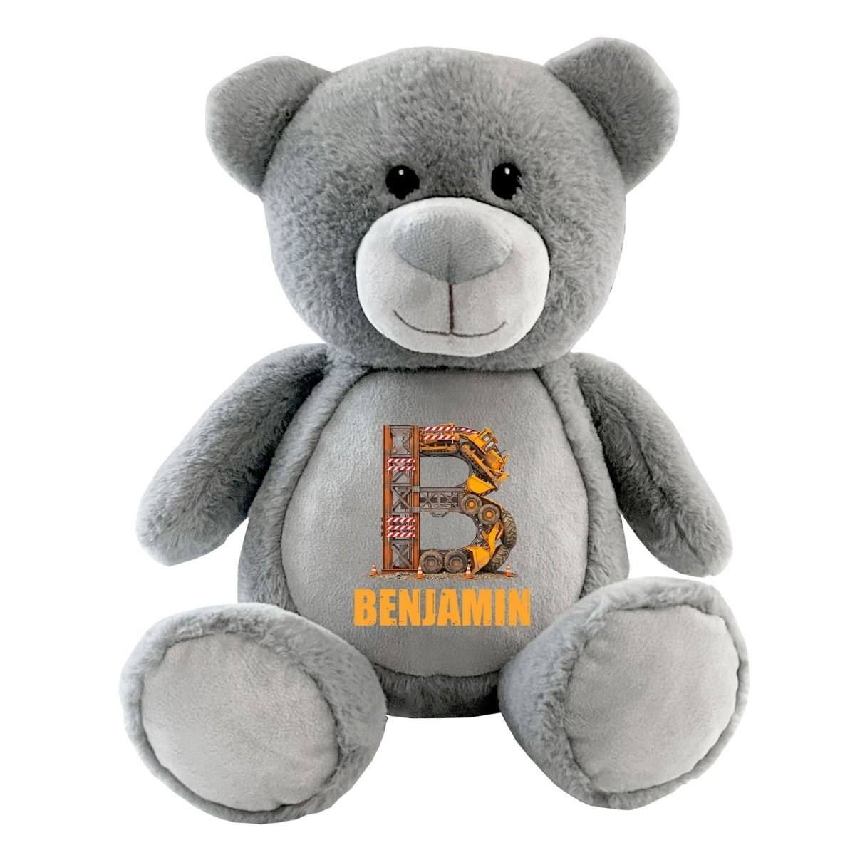 Personalised Construction Alphabet Grey Plush Teddy Bear 42cm | Kids Birthday or Christening Gift - The Lovely Keepsake Company