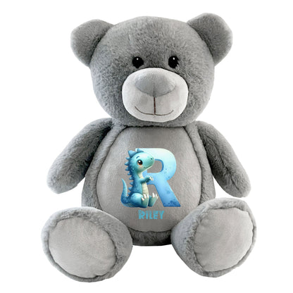 Personalised Dinosaur Alphabet Grey Plush Teddy Bear 42cm | New Baby, 1st Birthday & Christening Gift