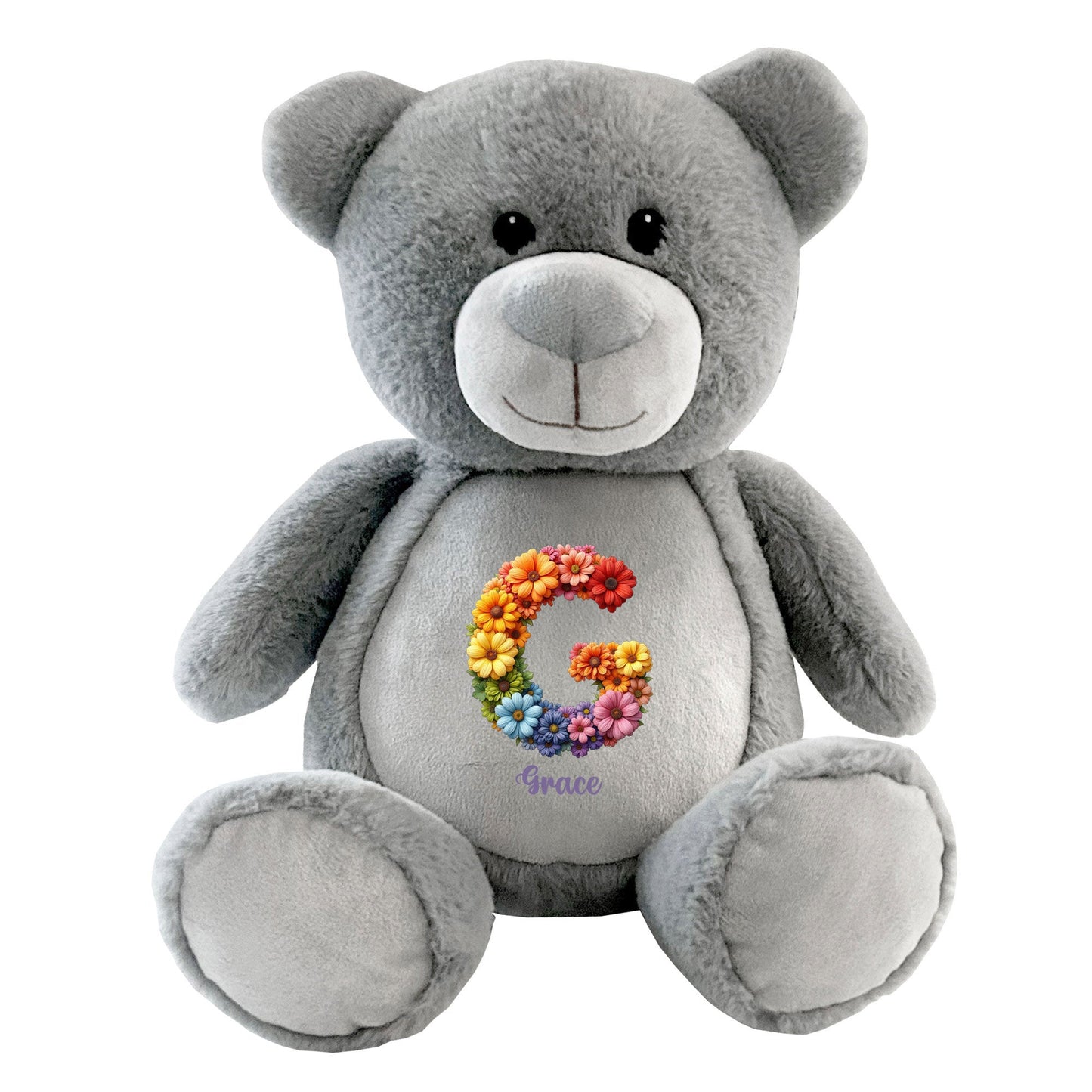 Personalised Flower Alphabet Grey Plush Teddy Bear 42cm | New Baby or Christening Gift