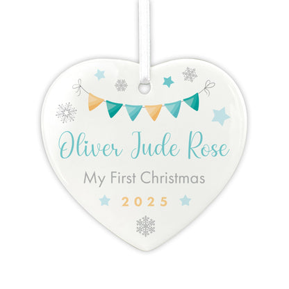 My First Christmas Baby Boy Garland Ceramic Heart Hanging Decoration + Gift Box