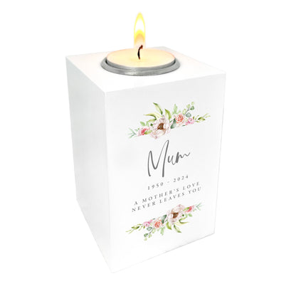Personalised Any Message Pink Floral White Wooden Tea Light Holder