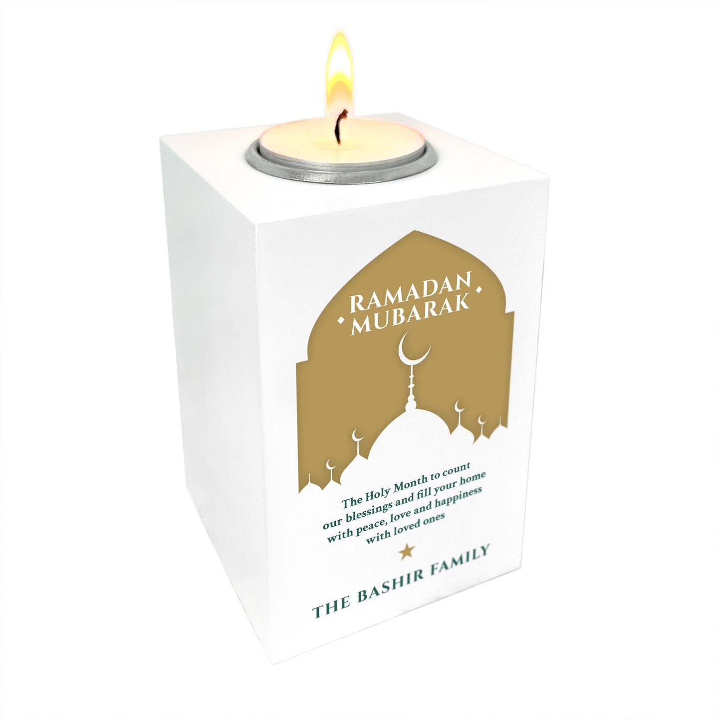 Personalised Ramadan Mubarak Mosque Silhouette White Tea Light Holder