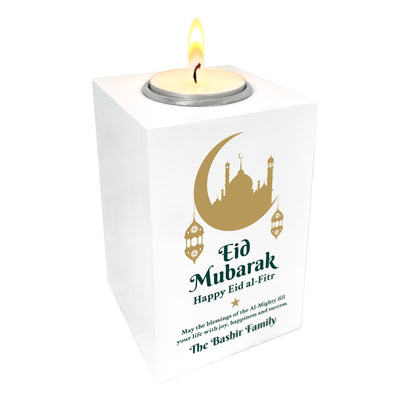 Personalised Eid al-Fitr Crescent & Lanterns White Tea Light Holder