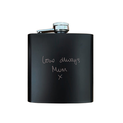 Personalised Engraved Black Metal Hip Flask 6oz | Using Your Own Handwriting | Memorial or Gifting