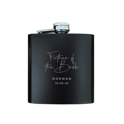 Personalised Engraved Black Metal Hip Flask 6oz - Script Font | Wedding Groomsman & Father of the Bride/Groom Gift