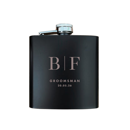 Personalised Engraved Black Metal Hip Flask 6oz - Initials | Birthday, Wedding & Groomsmen Gift