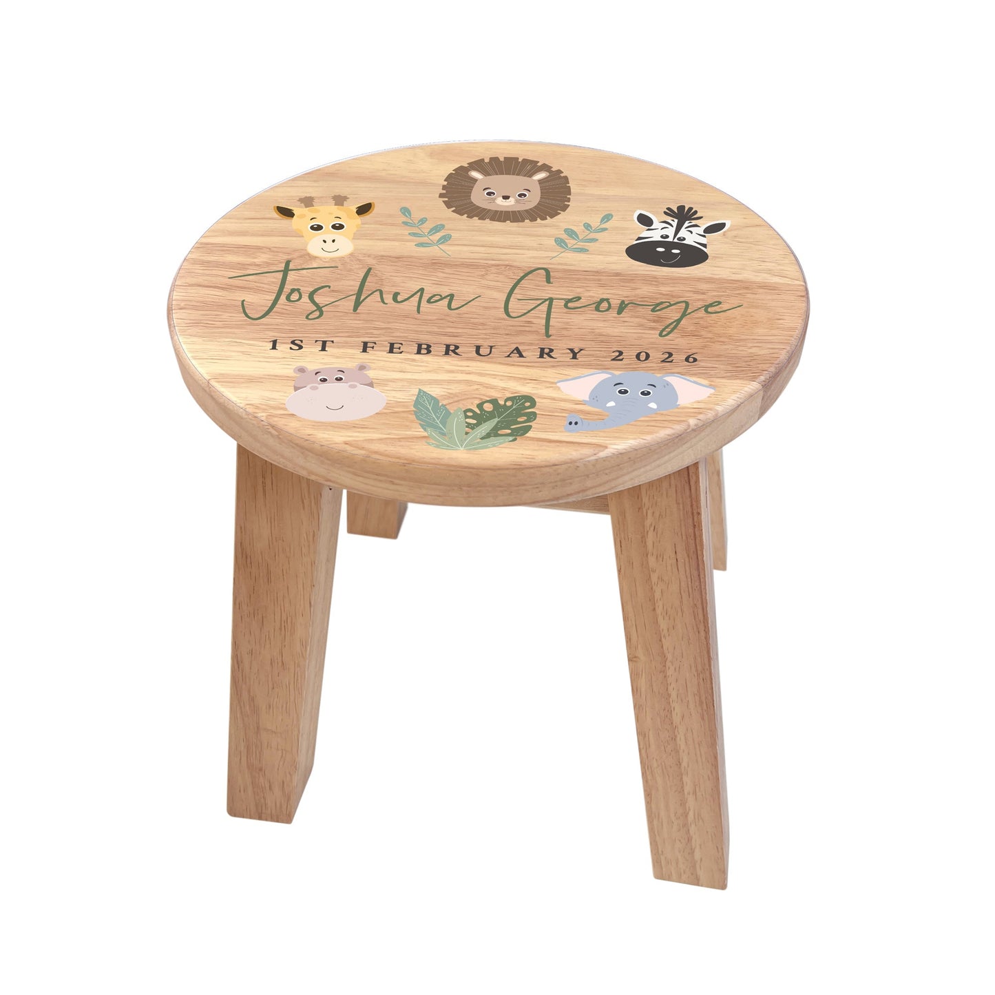 Personalised Wooden Toddler Stool - Jungle Animals | Custom Step Stool for Kids | Nursery Gift