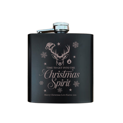 Personalised Christmas Stag Engraved Black Metal Hip Flask 6oz + Luxury Gift Box