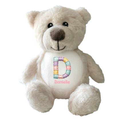 Personalised Patchwork Alphabet Plush Teddy Bear 25cm | New Baby, Christening & 1st Birthday Gift