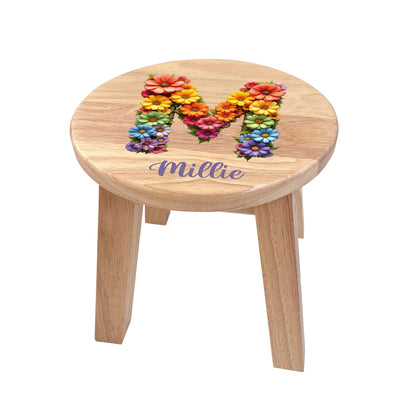Personalised Wooden Flower Alphabet Round Toddler Step Stool | Nursery Decor & First Birthday Gift
