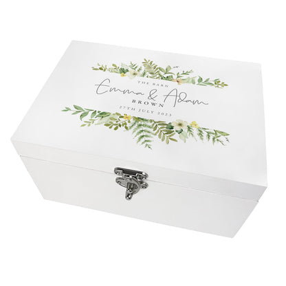 Personalised Yellow & Green Floral Wedding White Wooden Keepsake Memory Box - 3 Sizes (22cm | 27cm | 30cm)