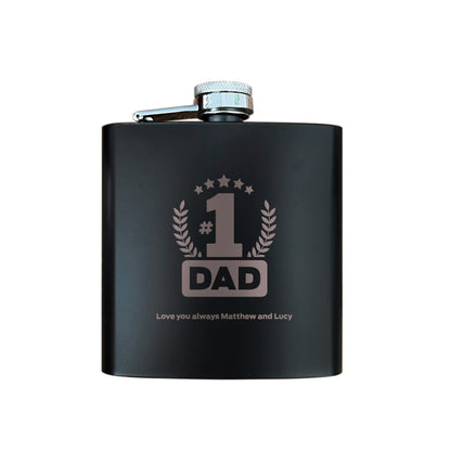 Personalised No.1 Dad Engraved Black Metal Hip Flask 6oz