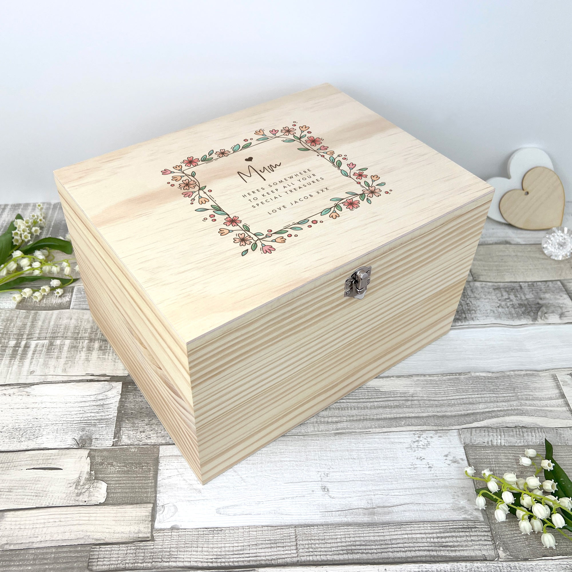 Personalised Any Message Flower Border Pine Memory Box - 5 Sizes