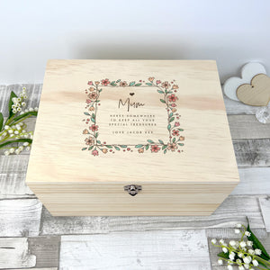 Personalised Any Message Flower Border Pine Memory Box - 5 Sizes