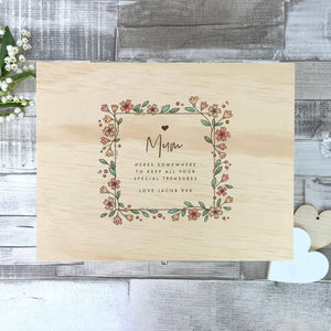 Personalised Any Message Flower Border Pine Memory Box - 5 Sizes