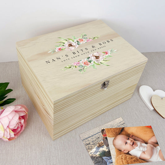 Personalised Any Message Pink Floral Wooden Pine Memory Box - 5 Sizes