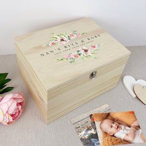 Personalised Any Message Pink Floral Wooden Pine Memory Box - 5 Sizes