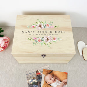 Personalised Any Message Pink Floral Wooden Pine Memory Box - 5 Sizes