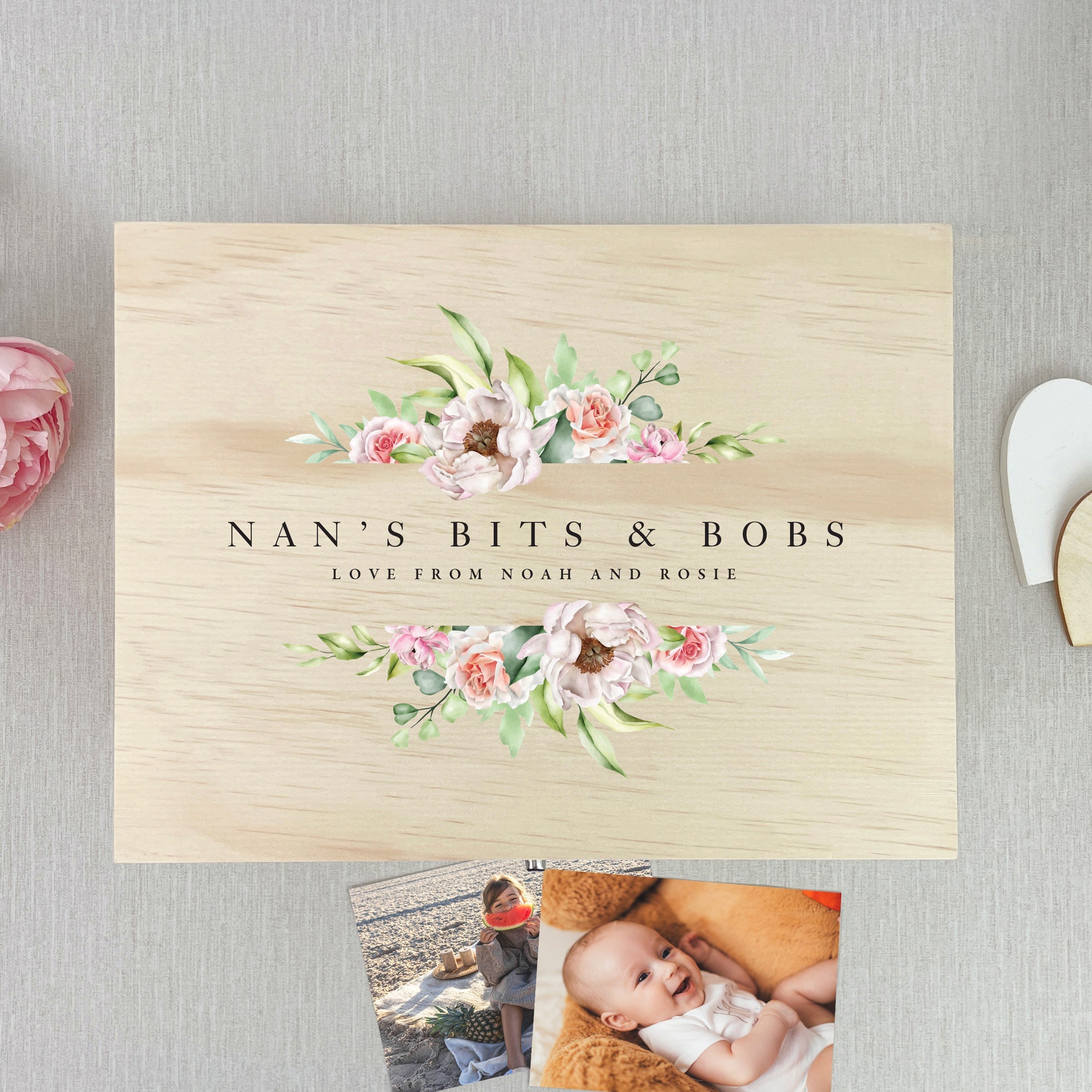 Personalised Any Message Pink Floral Wooden Pine Memory Box - 5 Sizes