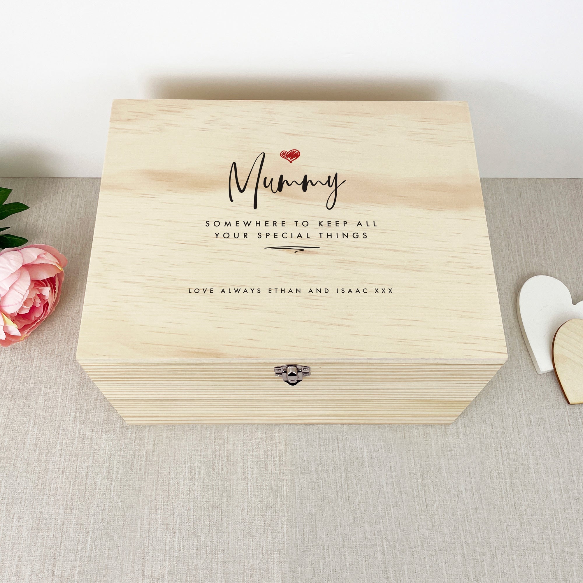 Personalised Any Name/Message Red Heart Wooden Pine Memory Box - 5 Sizes