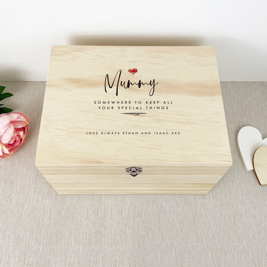 Personalised Any Name/Message Red Heart Wooden Pine Memory Box - 5 Sizes