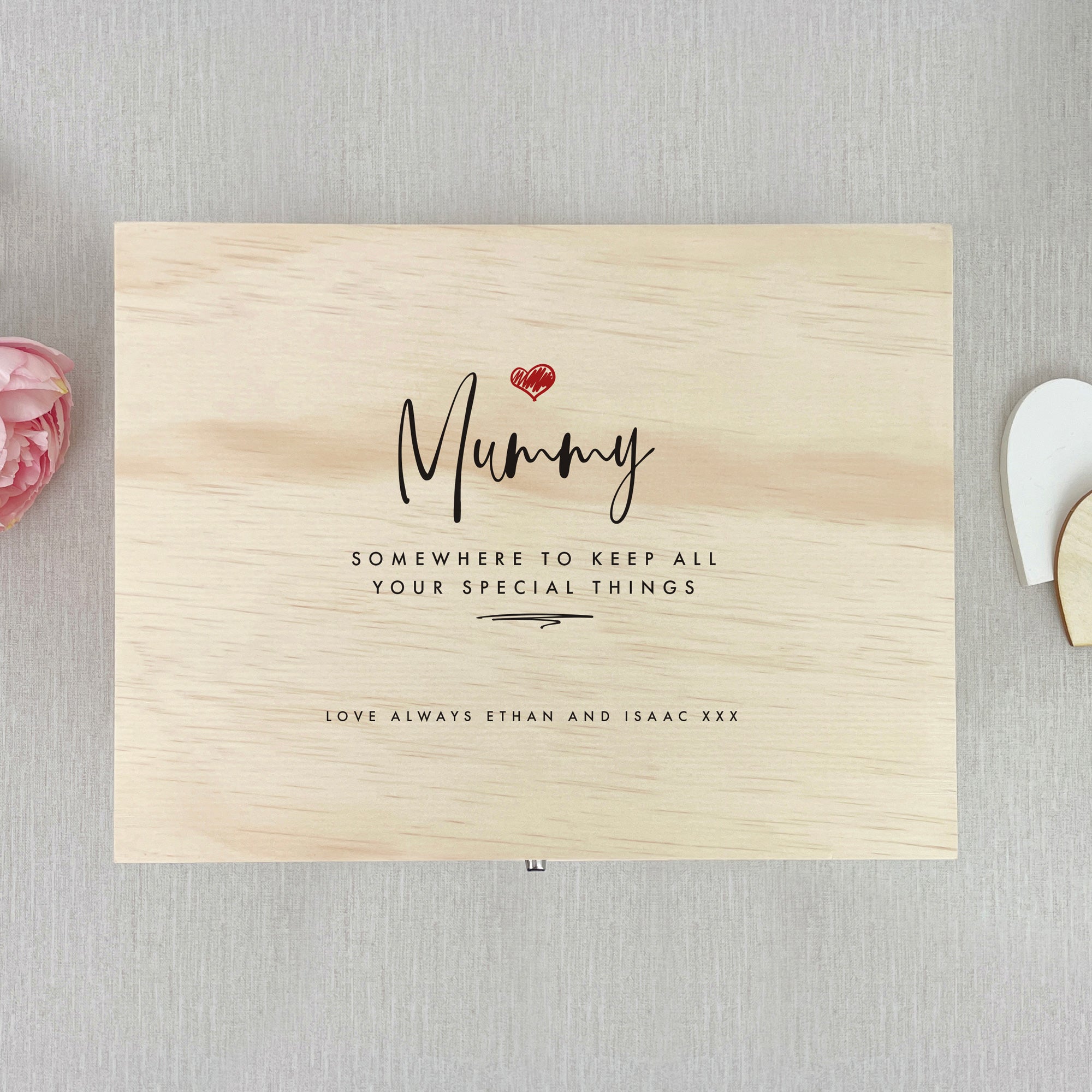 Personalised Any Name/Message Red Heart Wooden Pine Memory Box - 5 Sizes