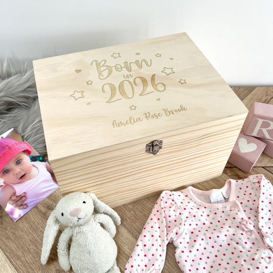 Personalised Born In 2026 Stars Engraved New Baby Keepsake Box - 5 Sizes