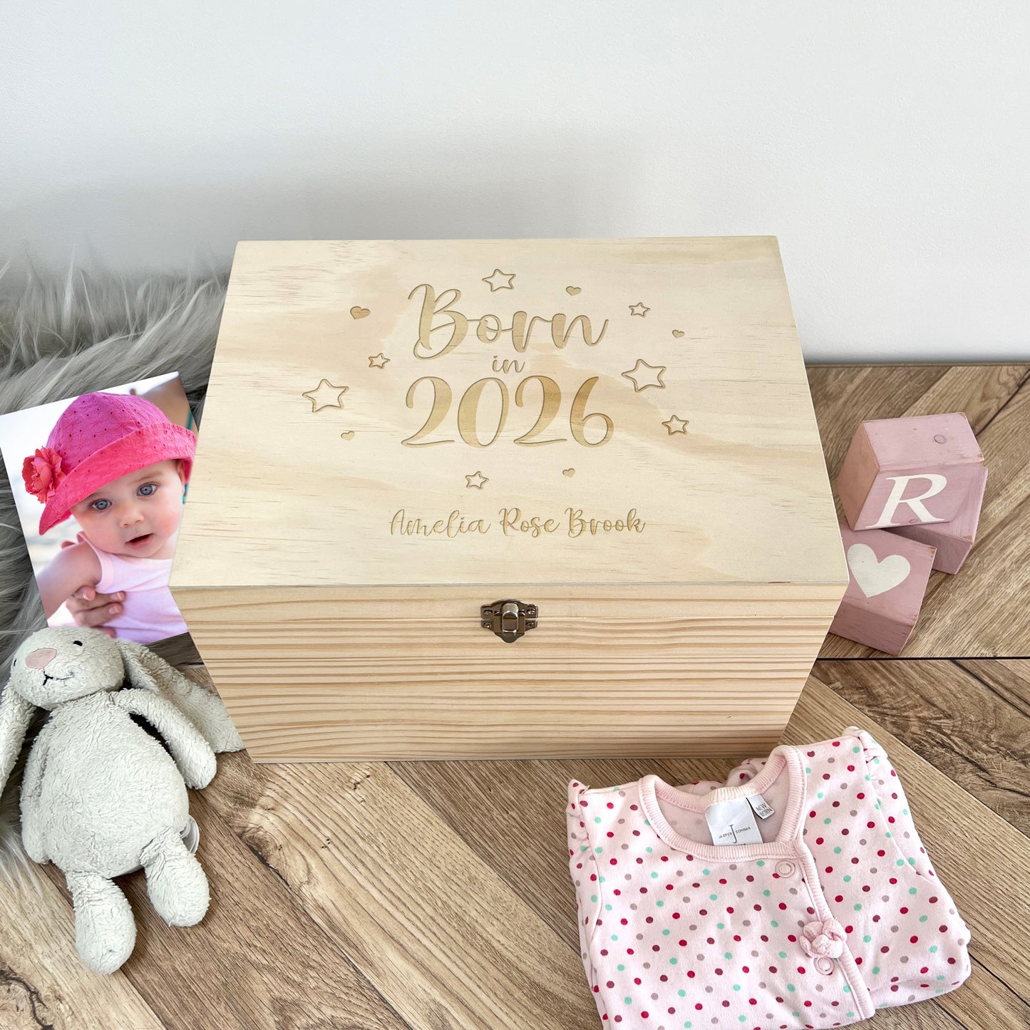 Personalised Born In 2026 Stars Engraved New Baby Keepsake Box - 5 Sizes