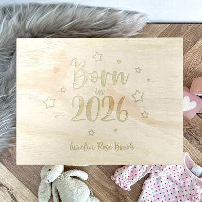 Personalised Born In 2026 Stars Engraved New Baby Keepsake Box - 5 Sizes
