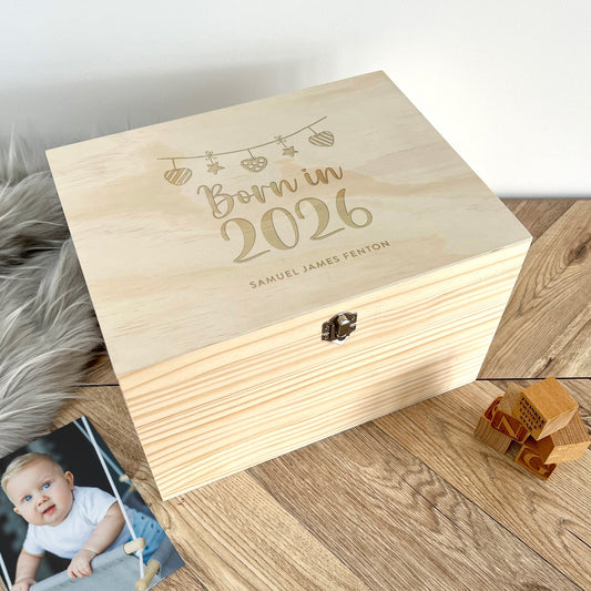 Personalised Born In 2026 Garland Engraved New Baby Keepsake Box - 5 Sizes