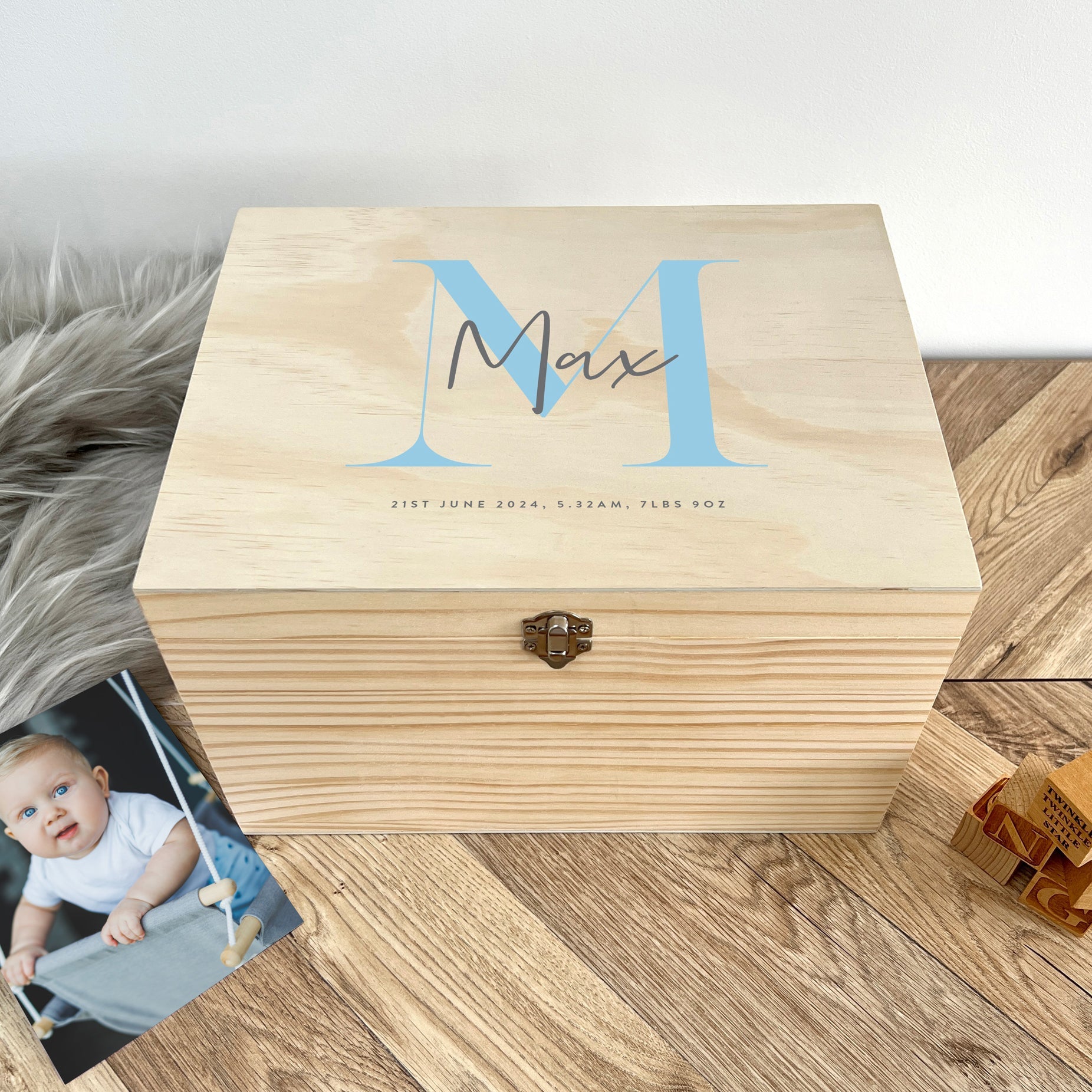Personalised Name & Initial New Baby Keepsake Box Various Colours - 5 Sizes (16cm | 20cm | 26cm | 30cm | 36cm)
