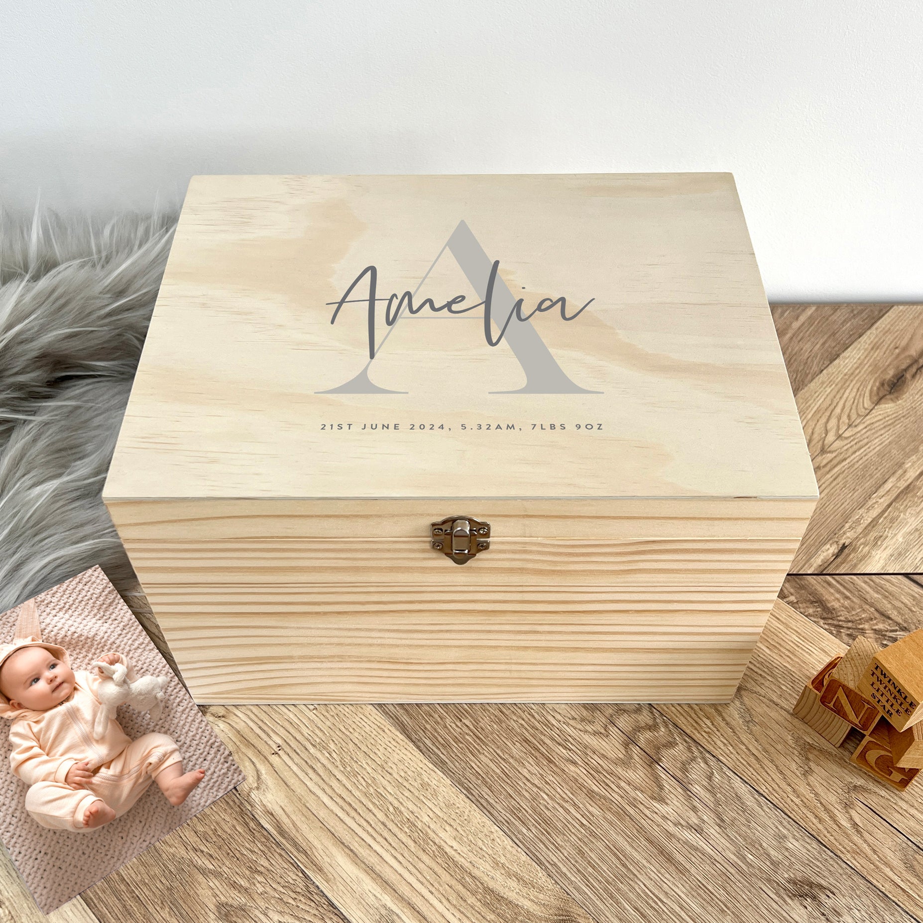Personalised Name & Initial New Baby Keepsake Box Various Colours - 5 Sizes (16cm | 20cm | 26cm | 30cm | 36cm)