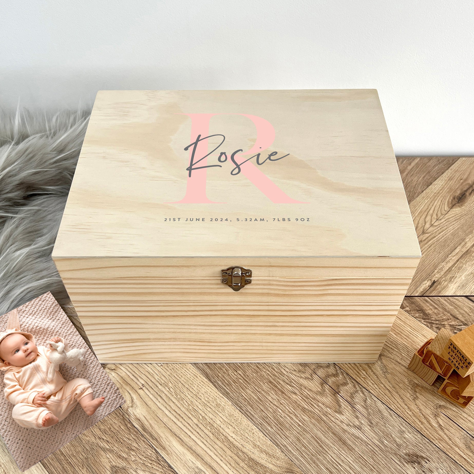 Personalised Name & Initial New Baby Keepsake Box Various Colours - 5 Sizes (16cm | 20cm | 26cm | 30cm | 36cm)