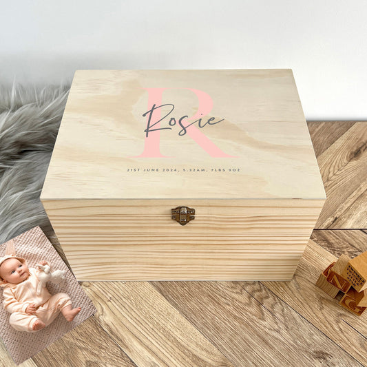 Personalised Name & Initial New Baby Keepsake Box Various Colours - 5 Sizes (16cm | 20cm | 26cm | 30cm | 36cm)