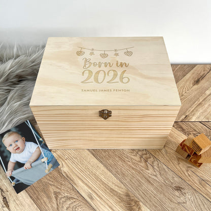 Personalised Born In 2026 Garland Engraved New Baby Keepsake Box - 5 Sizes