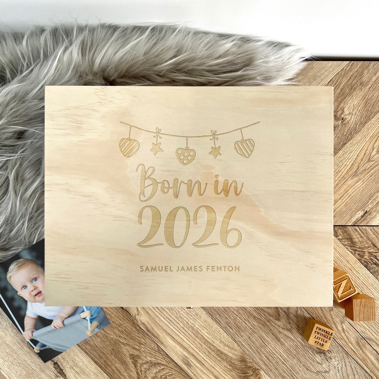 Personalised Born In 2026 Garland Engraved New Baby Keepsake Box - 5 Sizes