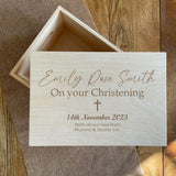 Personalised Christening Keepsake Box Wooden with Engraved Cross