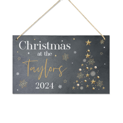 Personalised Festive Gold Slate Hanging Sign 25 x 15cm