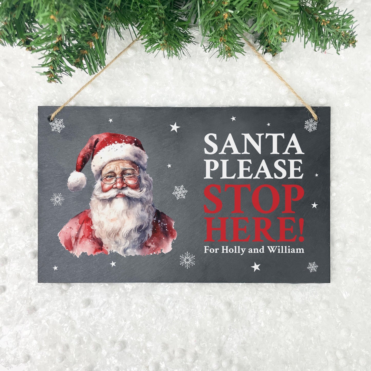 Personalised Traditional Santa Stop Here Slate Hanging Sign 25 x 15cm