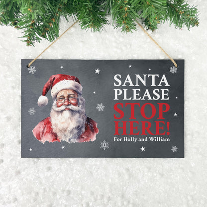 Personalised Traditional Santa Stop Here Slate Hanging Sign 25 x 15cm