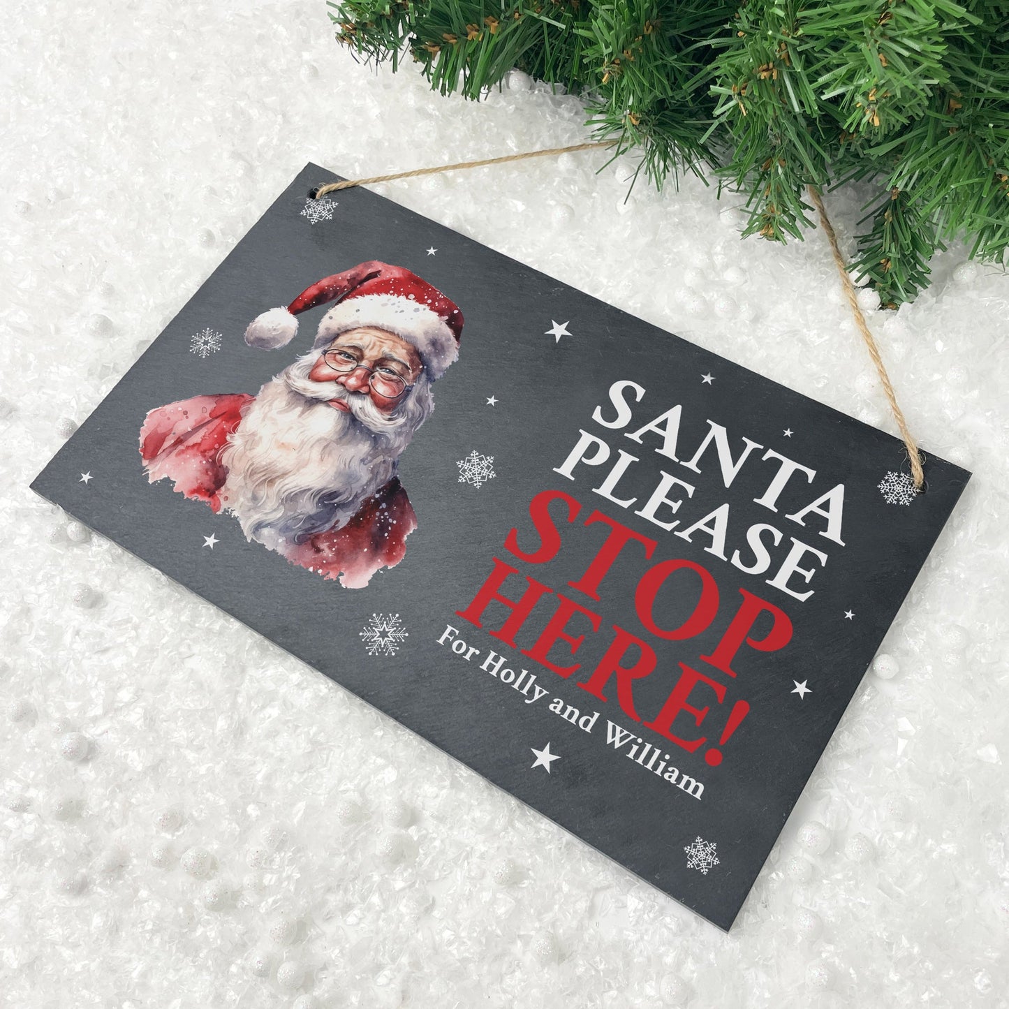 Personalised Traditional Santa Stop Here Slate Hanging Sign 25 x 15cm