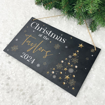 Personalised Festive Gold Slate Hanging Sign 25 x 15cm